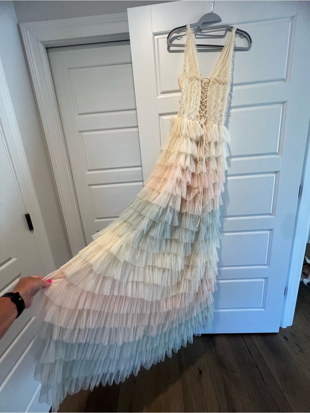 Layered Ruffle V-Neck Maxi Dress in Pastel Ombre-Size XS